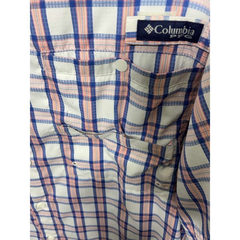 Columbia PFG Super Tamiami Mens Medium Plaid Fishing Shirt Blue Pink And White - Picture 4 of 10
